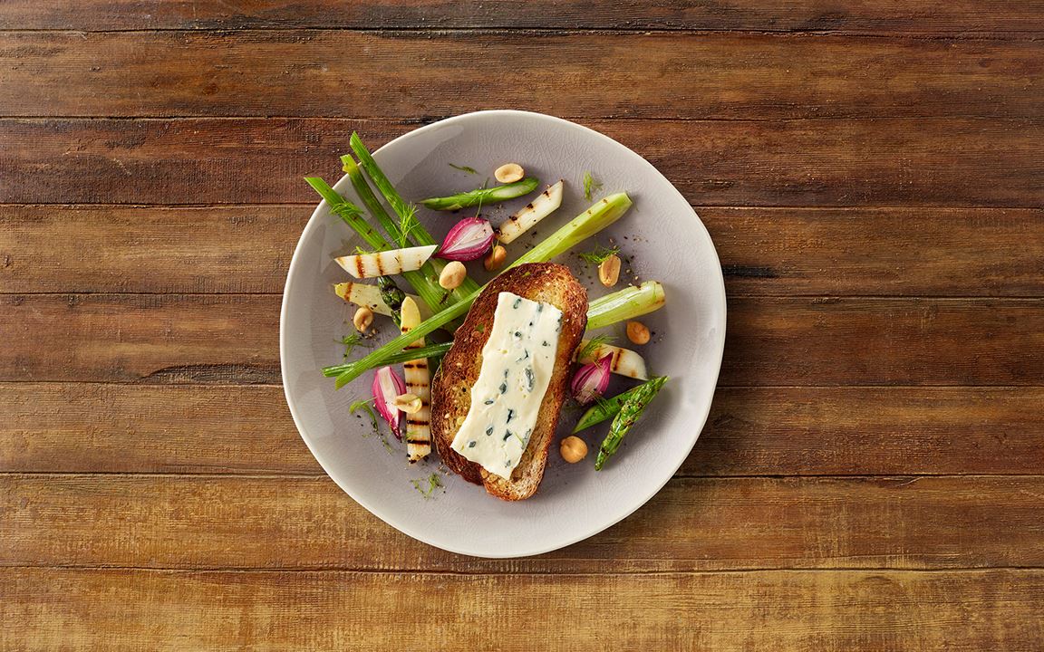Creamy Blue Cheese with Grilled Vegetables, Peanuts and Pickled Onions