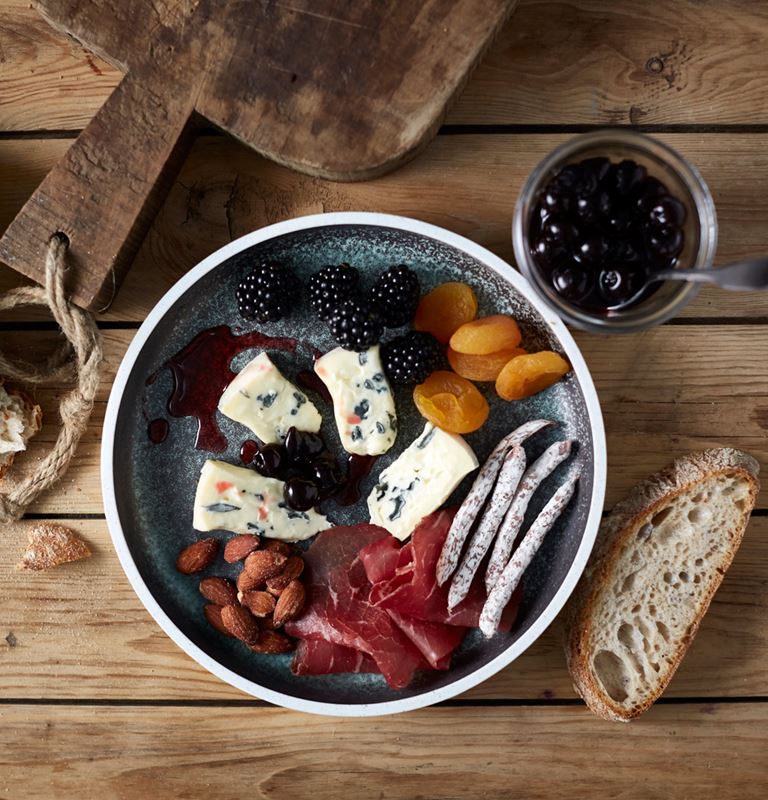 Creamy Blue Cheese with Nuts, Bresaola, Sausages, Fruits and Berries