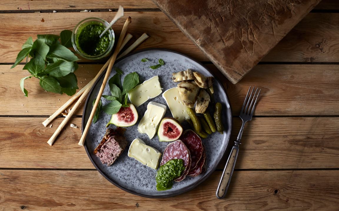 Creamy White with salami, figs, pate, mixed pickles and pesto