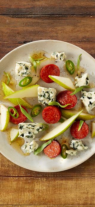 Blue Cheese with chorizo, pear and chili-lime syrup
