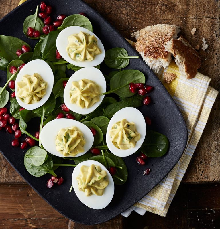 Deviled eggs with Creamy Blue Cheese & spinach salad