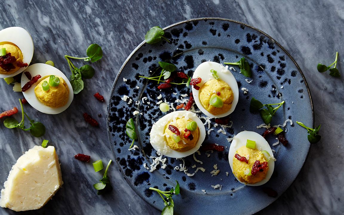 Deviled eggs with Cheddar or Blue Cheese