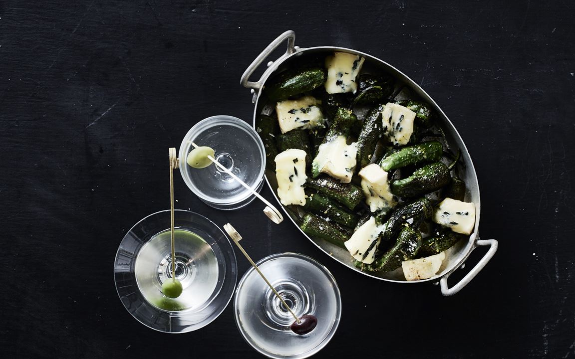 Dry Martini with Creamy Blue & padron peppers