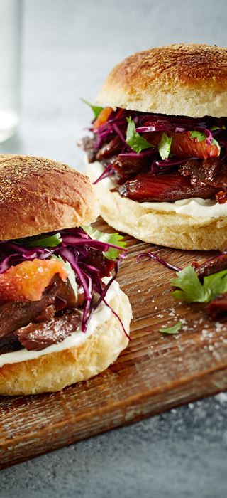 Duck burger with red cabbage salad & Blue Cheese dressing