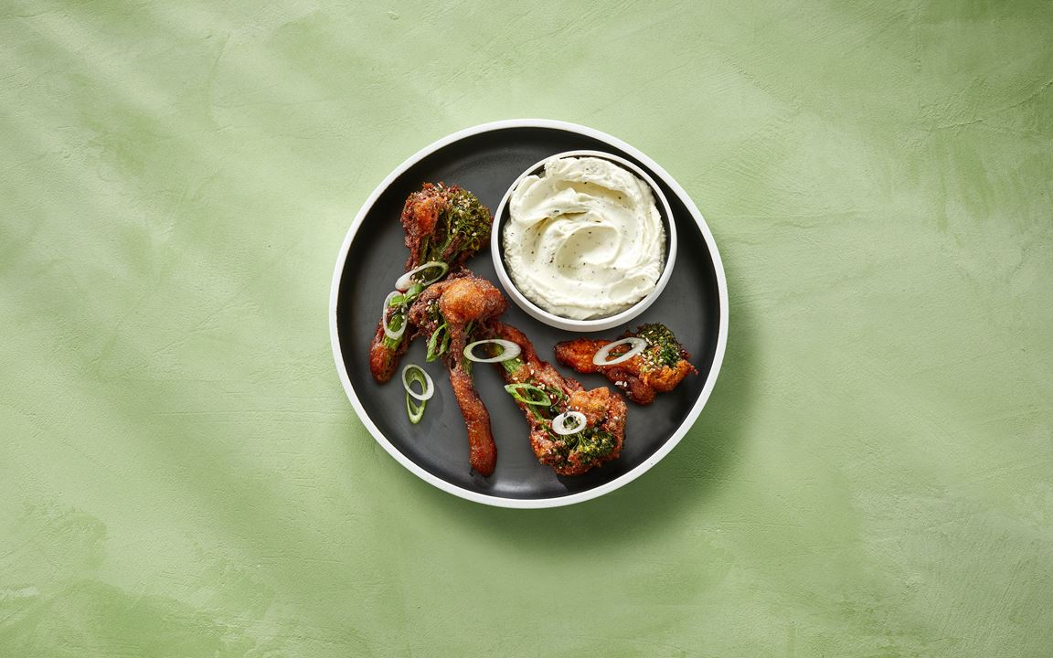 Fried broccoli with Castello® garlic whipped cream cheese