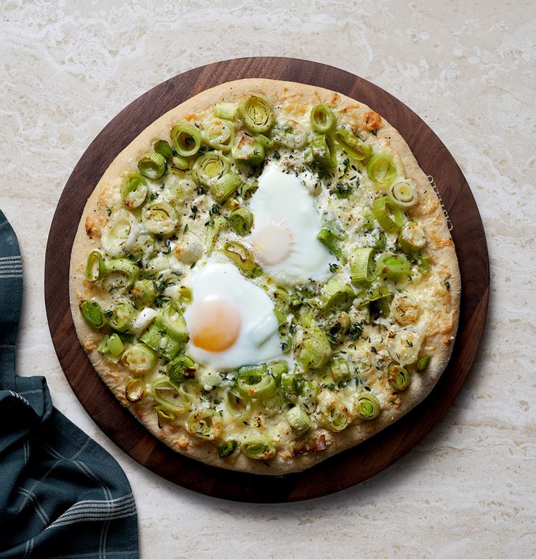 LEEK AND EGG PIZZA WITH CASTELLO EXTRA MATURE CHEDDAR 