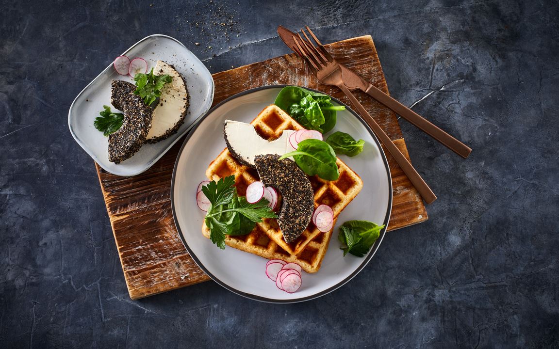 SAVOURY WAFFLES WITH BLACK PEPPER CREAM CHEESE  