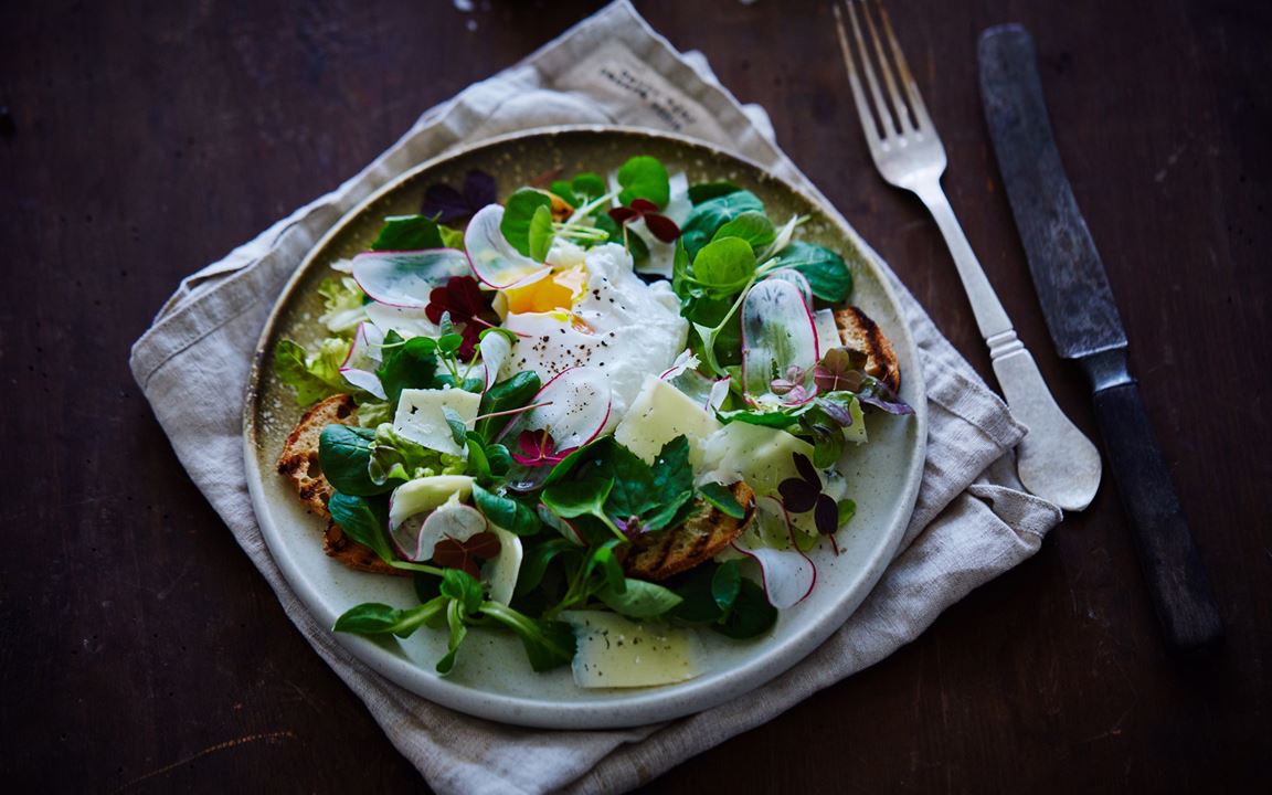 Spring salad with poached egg, Cheddar and croutons