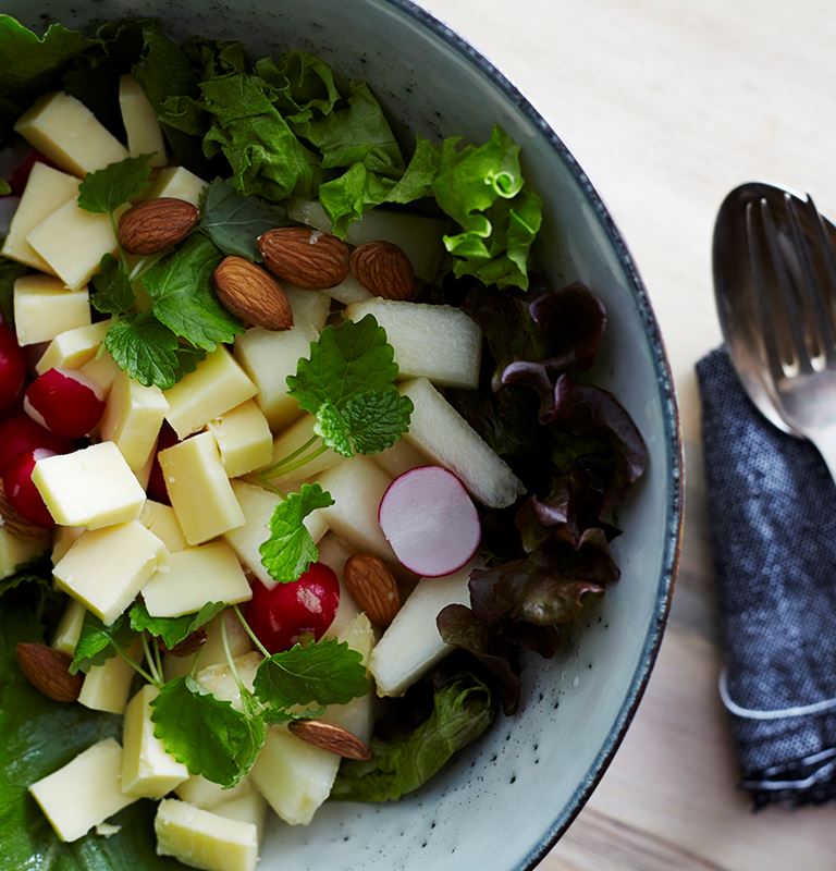 Summer salad with cheddar, melon and radishes