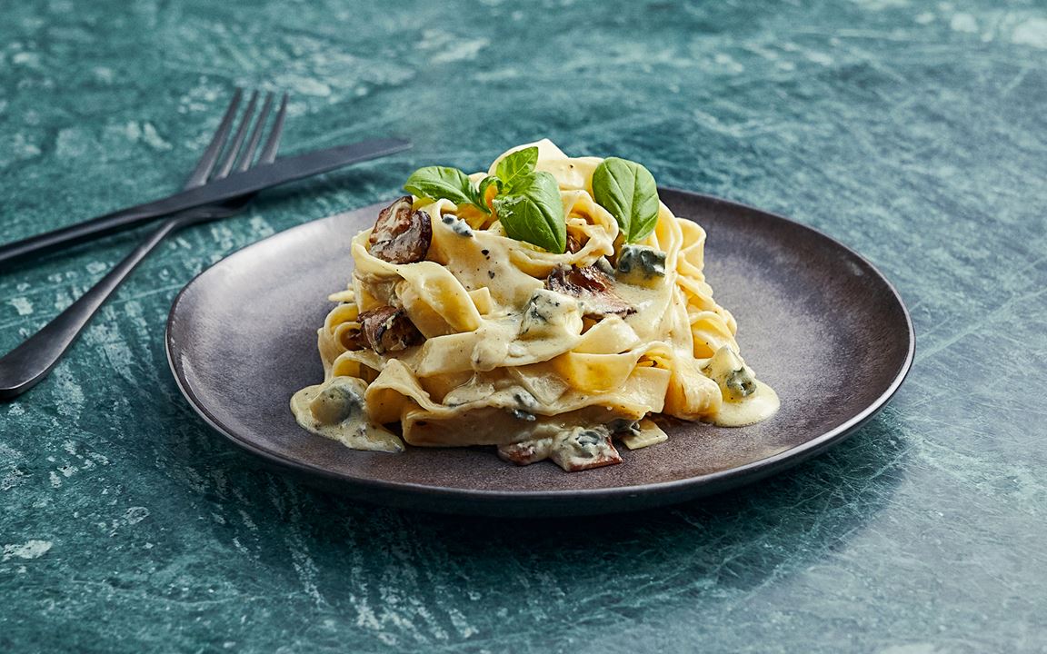 Tagliatelle Pasta with Castello® Creamy Blue Cheese & Mushroom Sauce |  Castello