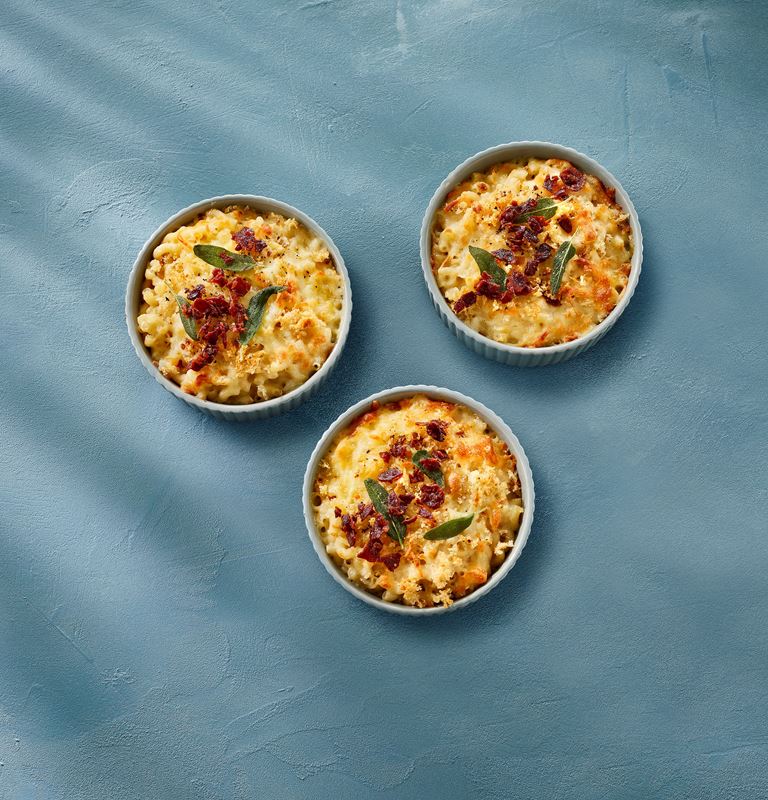 Bacon mac and cheese with sourdough crumble and Castello® cheese bake