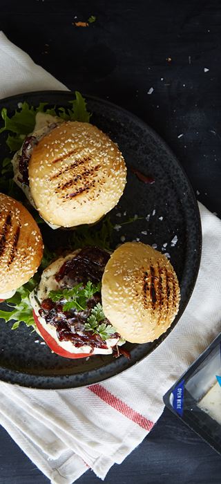 Blue Cheese burger with red onion relish