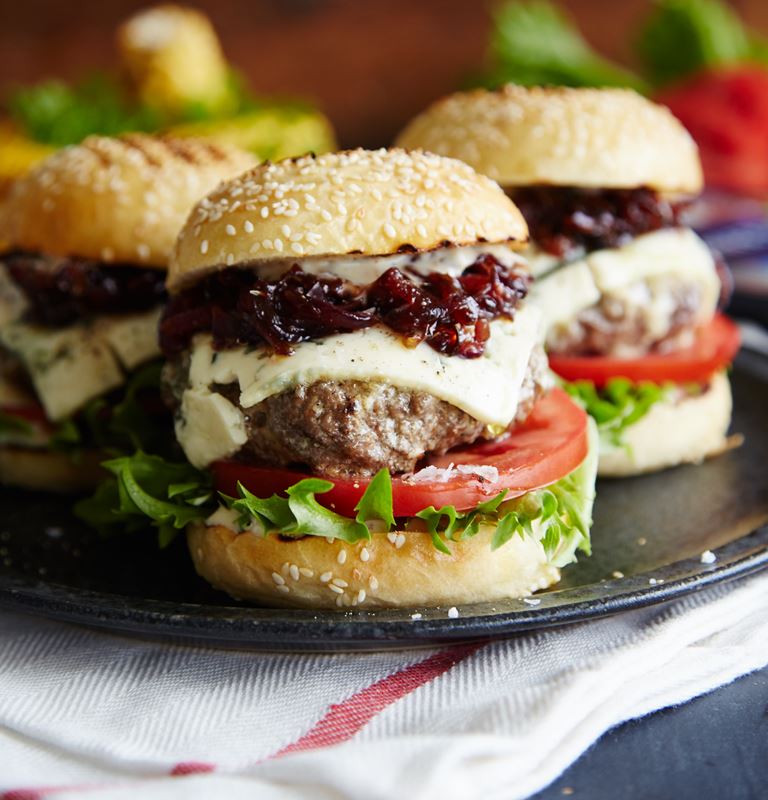 Blue Cheese sliders with red onion-strawberry relish