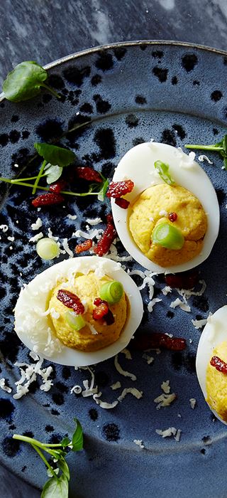 Deviled eggs with Cheddar and Blue Cheese