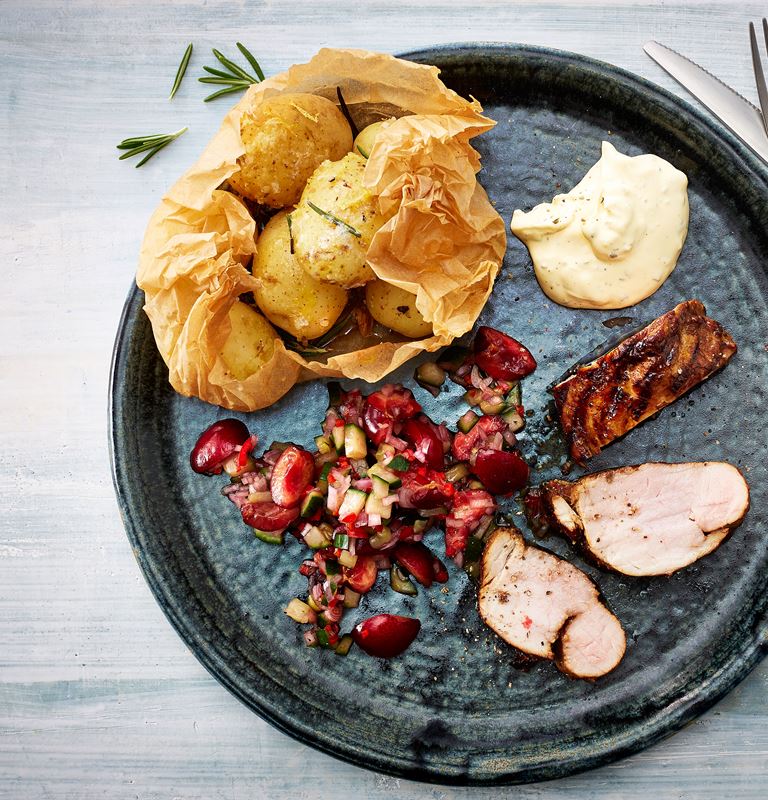 Grilled pork tenderloin with spicy cherry salsa and smoked potatoes 