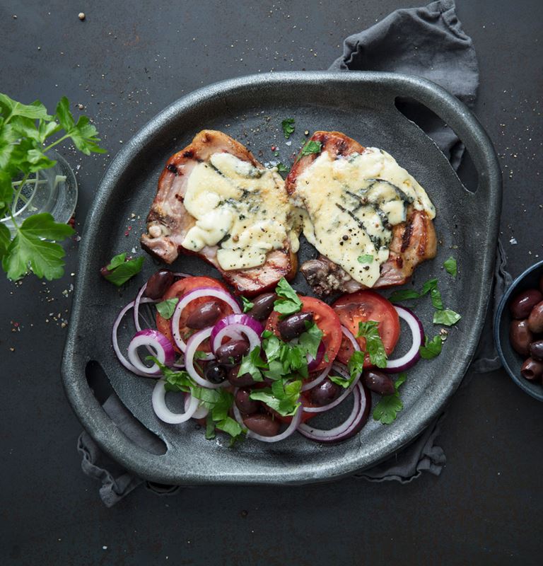 Grilled summer pork chops  with Castello Blue Cheese Slices