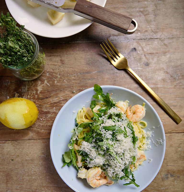 Prawn pasta with lemon and cheddar sauce