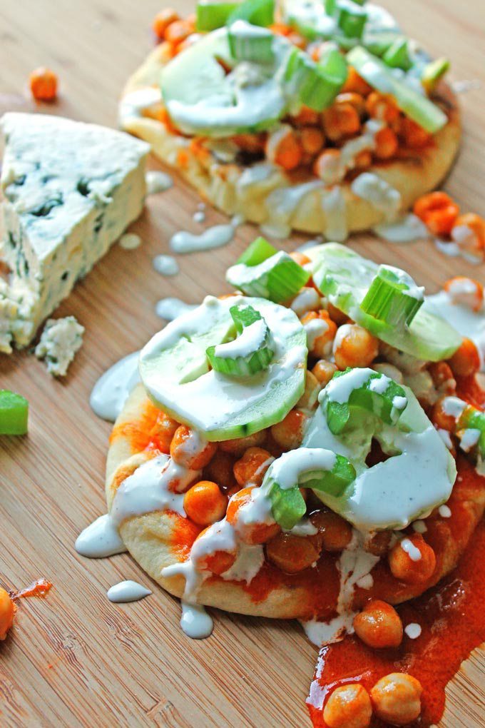 Buffalo chickpea flatbreads with Blue Cheese drizzle Castello