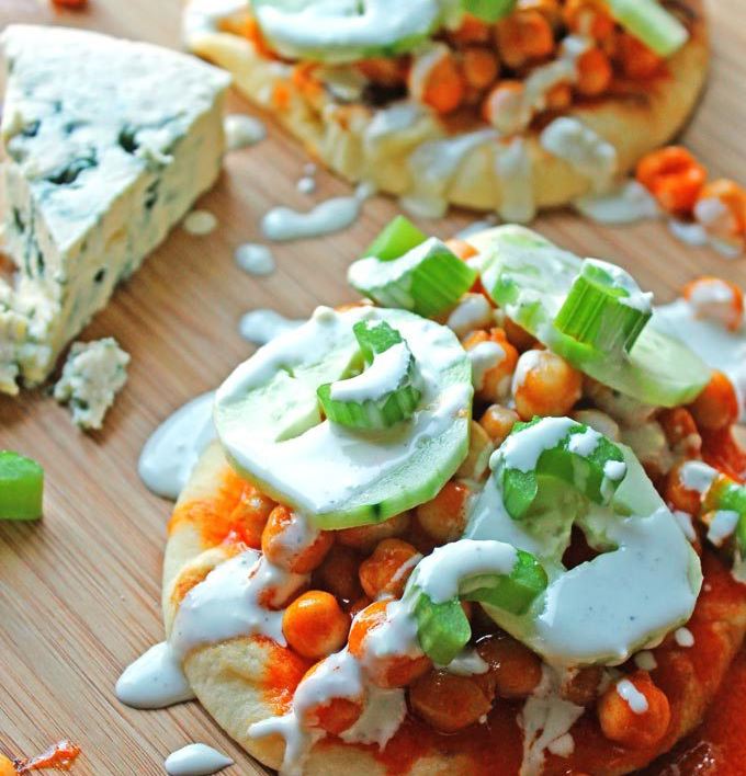 Buffalo chickpea flatbreads with Blue Cheese drizzle