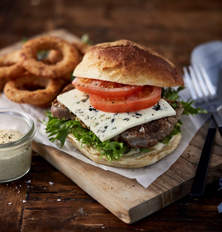 Burger Blue Cheese Burger with Onion Rings