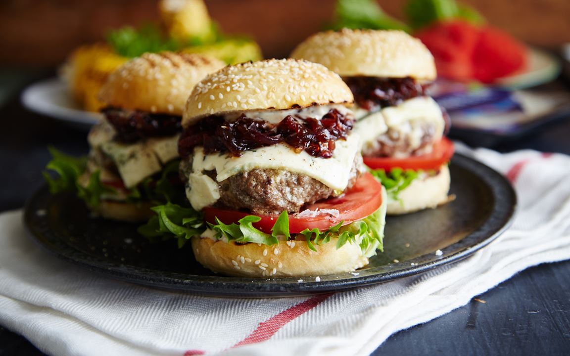 Sliders with Blue Cheese & Red Onion-Strawberry Relish