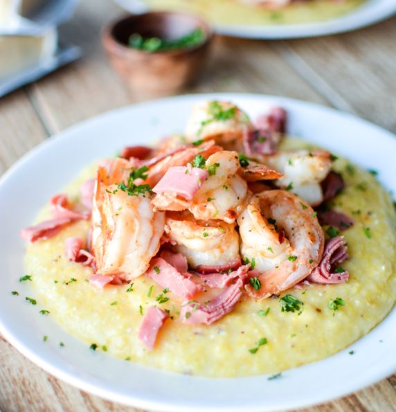 Caraway Havarti grits with shrimp and corned beef