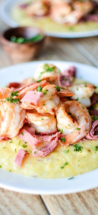 Caraway Havarti grits with shrimp and corned beef