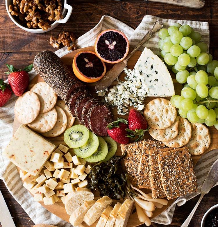 Cheese board with maple candied walnuts