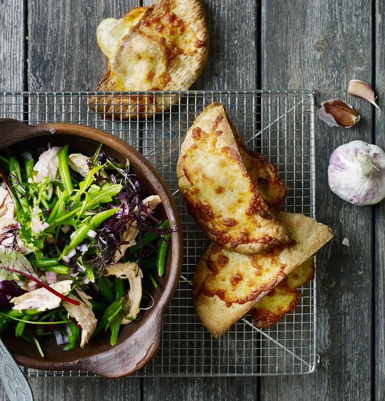 Chicken salad and garlic-cheese bread