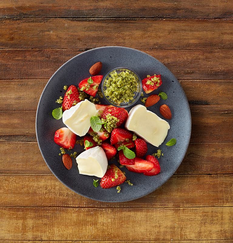 Double Crème White with strawberries and mint pesto