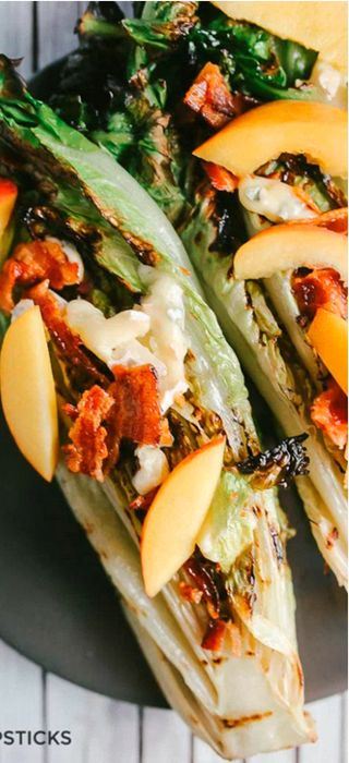 Grilled romaine, peach, bacon and Blue Brie salad