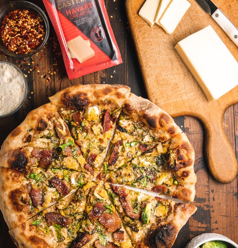 Shredded Brussel Sprouts and Bacon Pizza