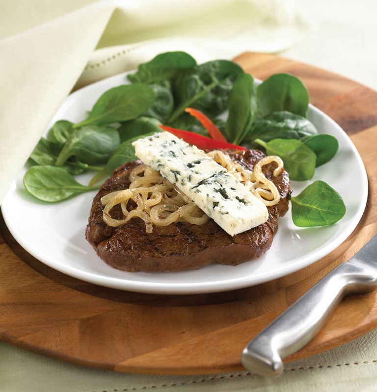Steak with caraway onions and Blue Cheese