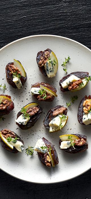 Stuffed dates with Castello Extra Creamy Danish Blue, walnuts and pear