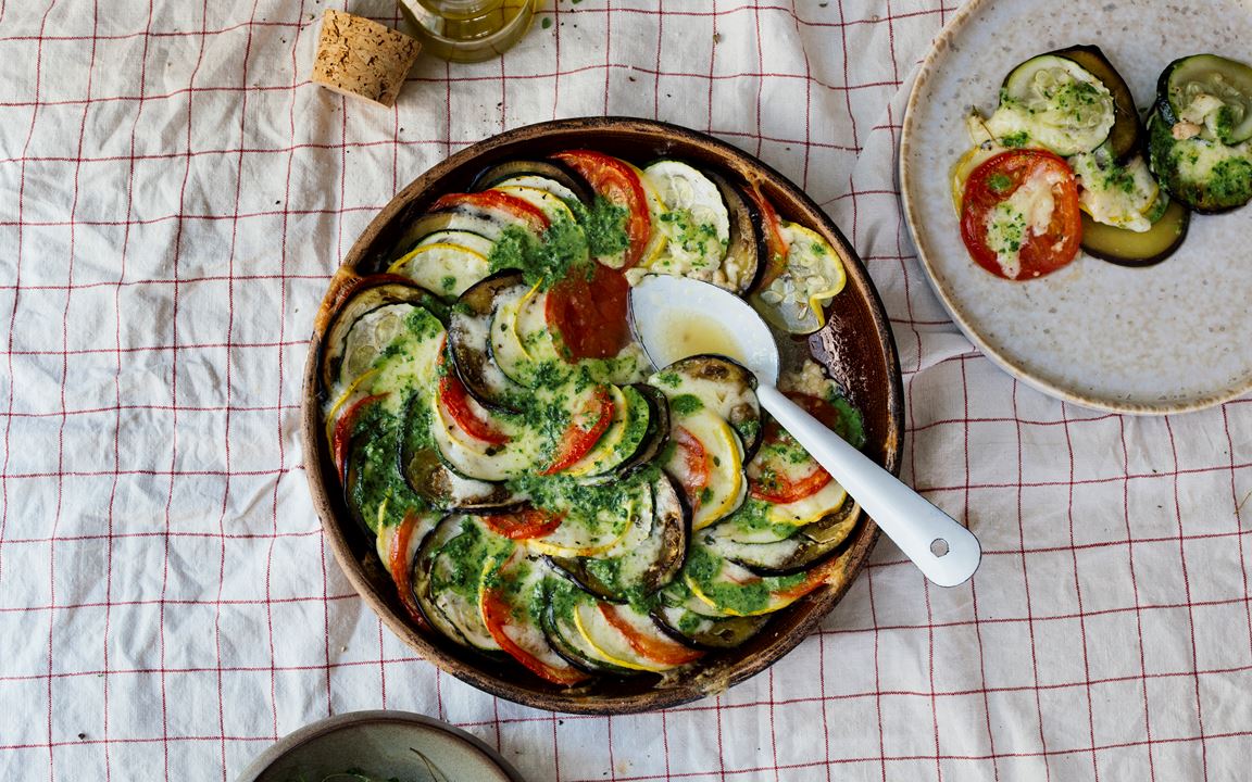 Summer Vegetable Tian with Creamy Havarti and Pesto