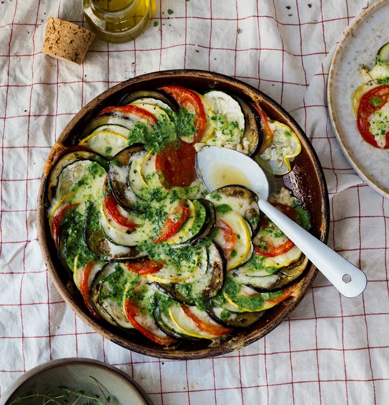 Summer Vegetable Tian with Creamy Havarti and Pesto