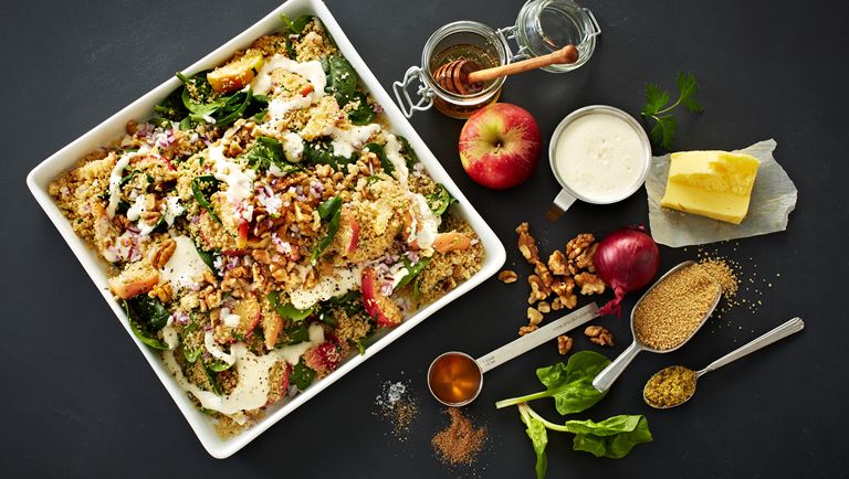 Couscous with fried apples, walnuts and creamy dressing