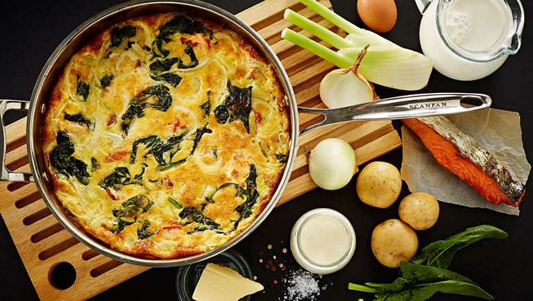 Omelette with fennel, spinach, potato and smoked salmon