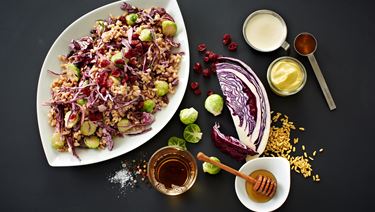 Red cabbage and khorasan wheat salad with creamy vinaigrette dressing