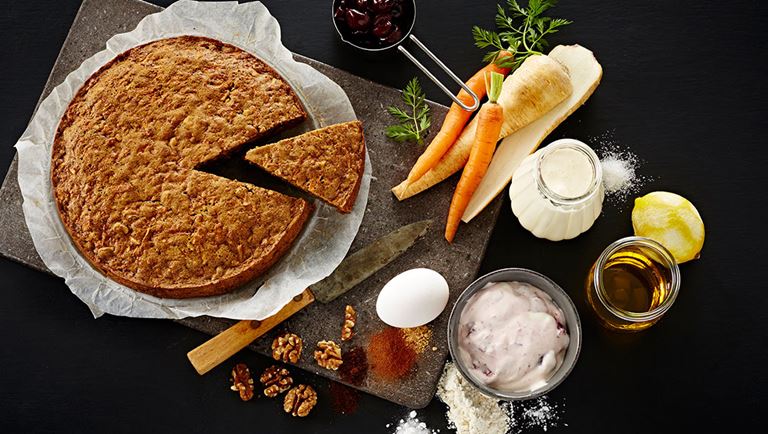 Spice cake with carrots and tart cherry cream