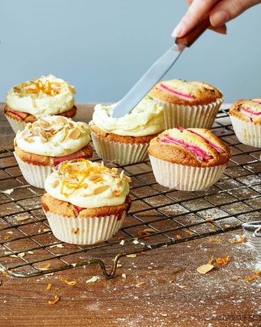 Rhubarb, almond and ginger cupcakes with orange buttercream icing